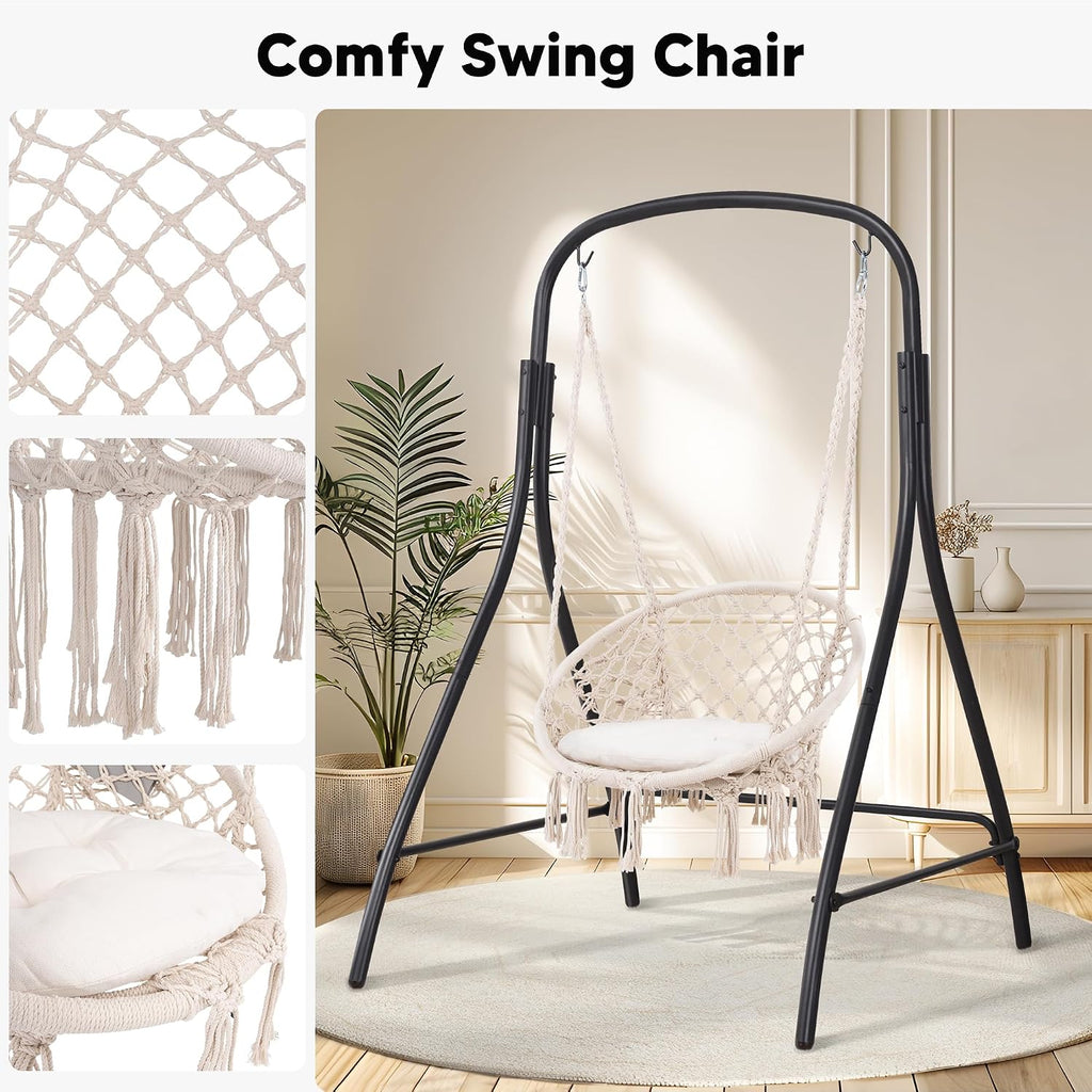 Indoor Hammock Swing Chair with Stand, Hanging Chair Outdoor with Stand, 400 lbs Capacity, Beige