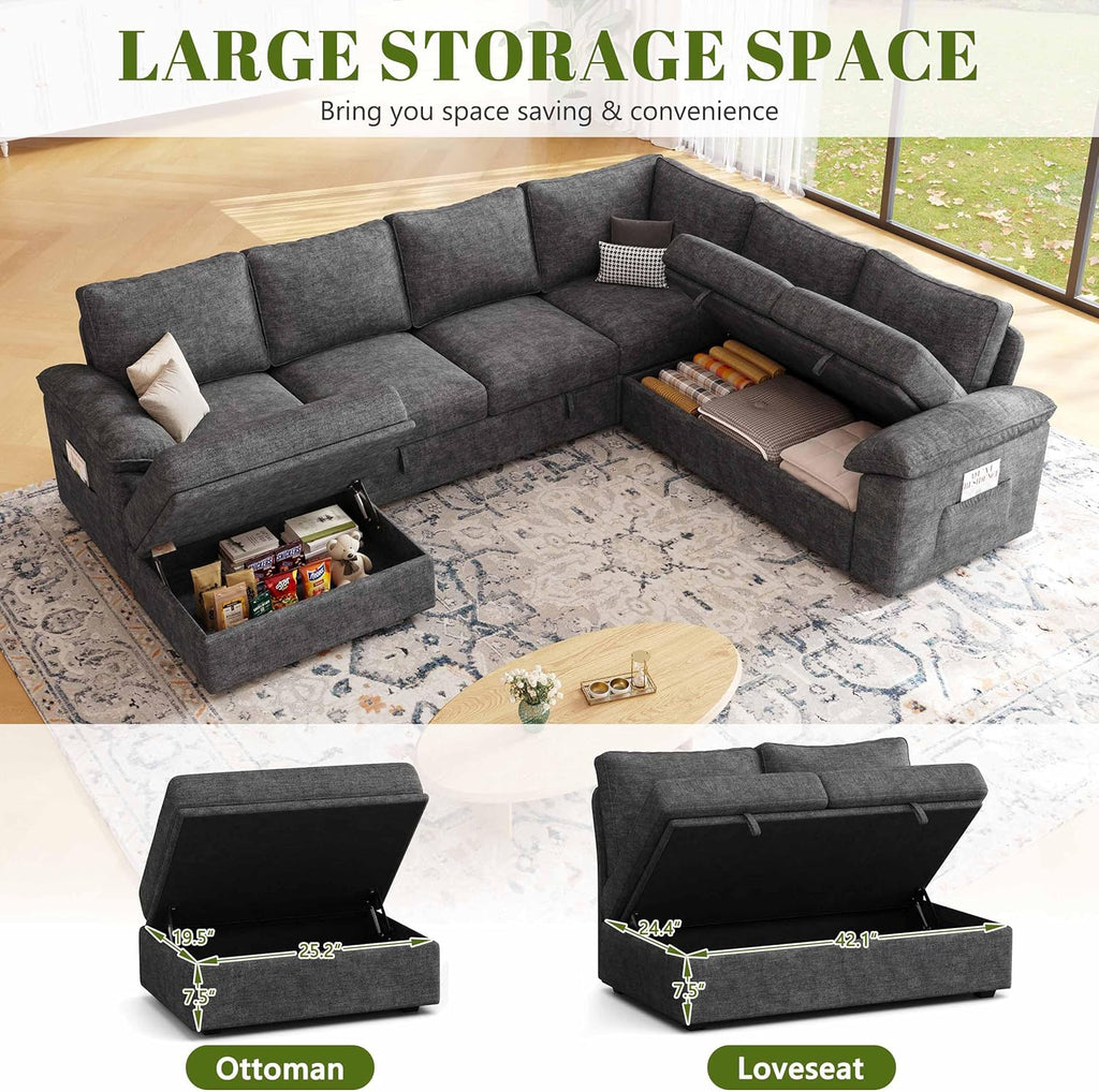 108 Inch Sectional Sleeper Sofa with Pull Out Bed, U Shaped 7 Seat Modular Sectional Sofa with Storage