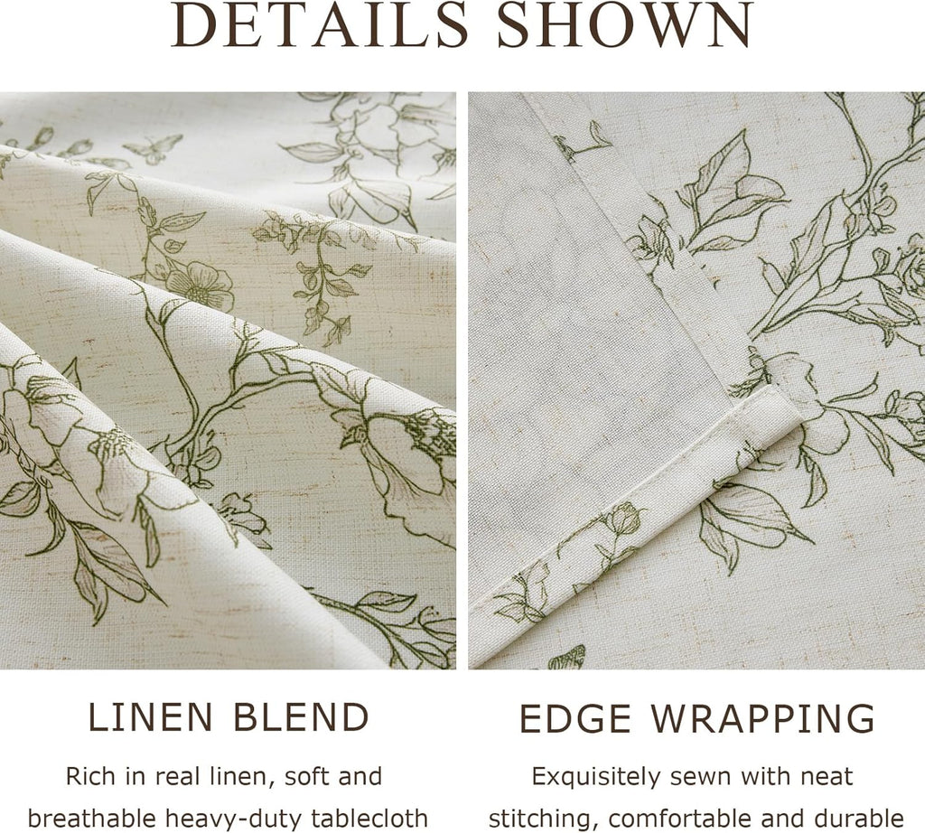 French Floral Tablecloths Rectangular Linen Table Cloth with Green Flowers Pattern Burlap Textured Farmhouse Vintage
