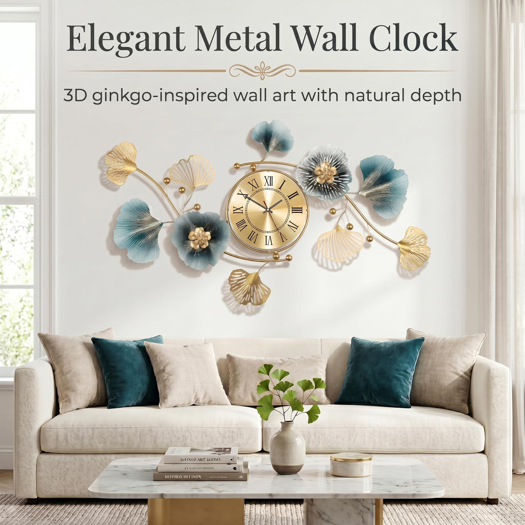 36" 3D Ginkgo Leaf Metal Wall Clock Wall Decor
