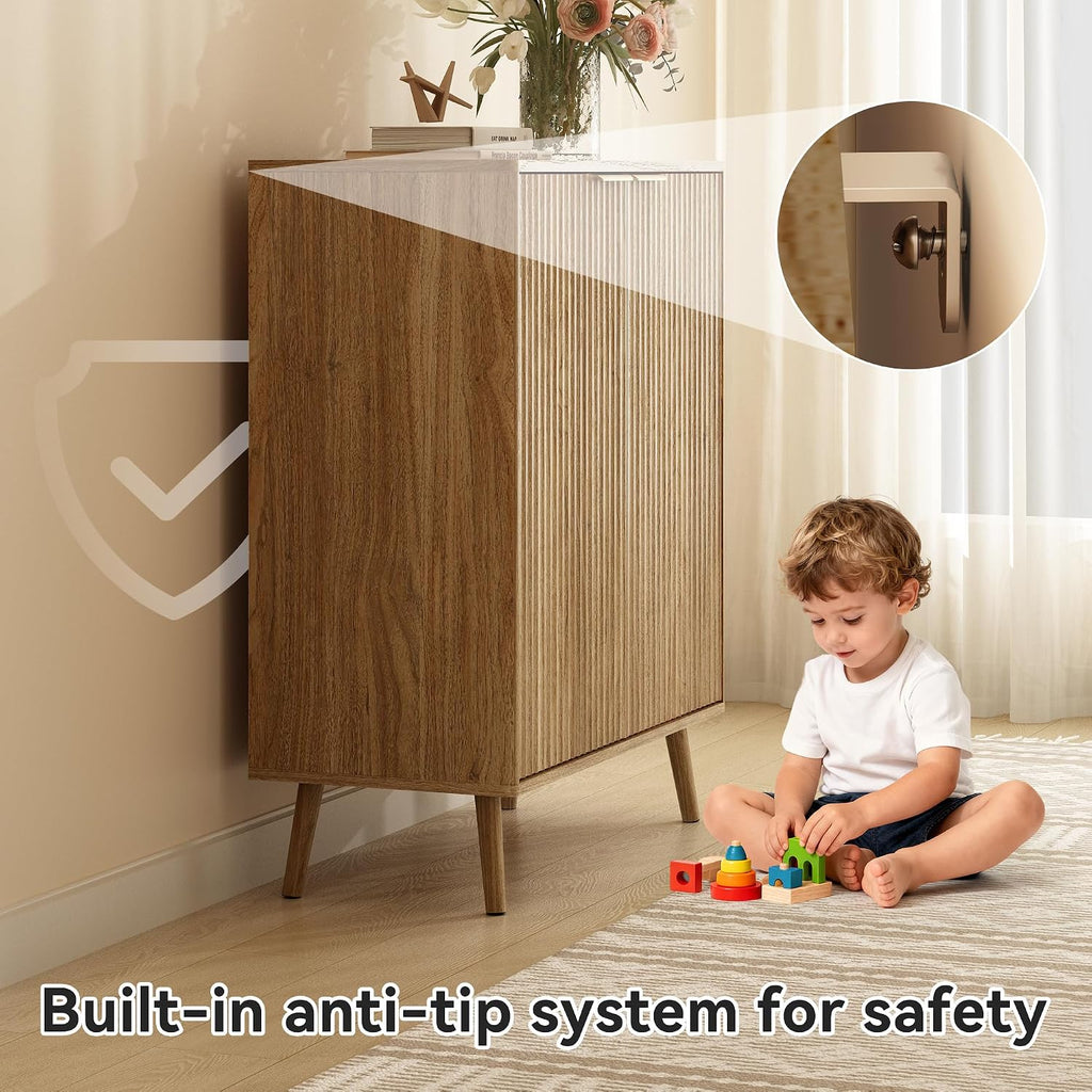 Fluted Shoe Cabinet with Doors, 5-Tier Shoe Storage Cabinet with Adjustable Shelves, Wooden Freestanding Shoe