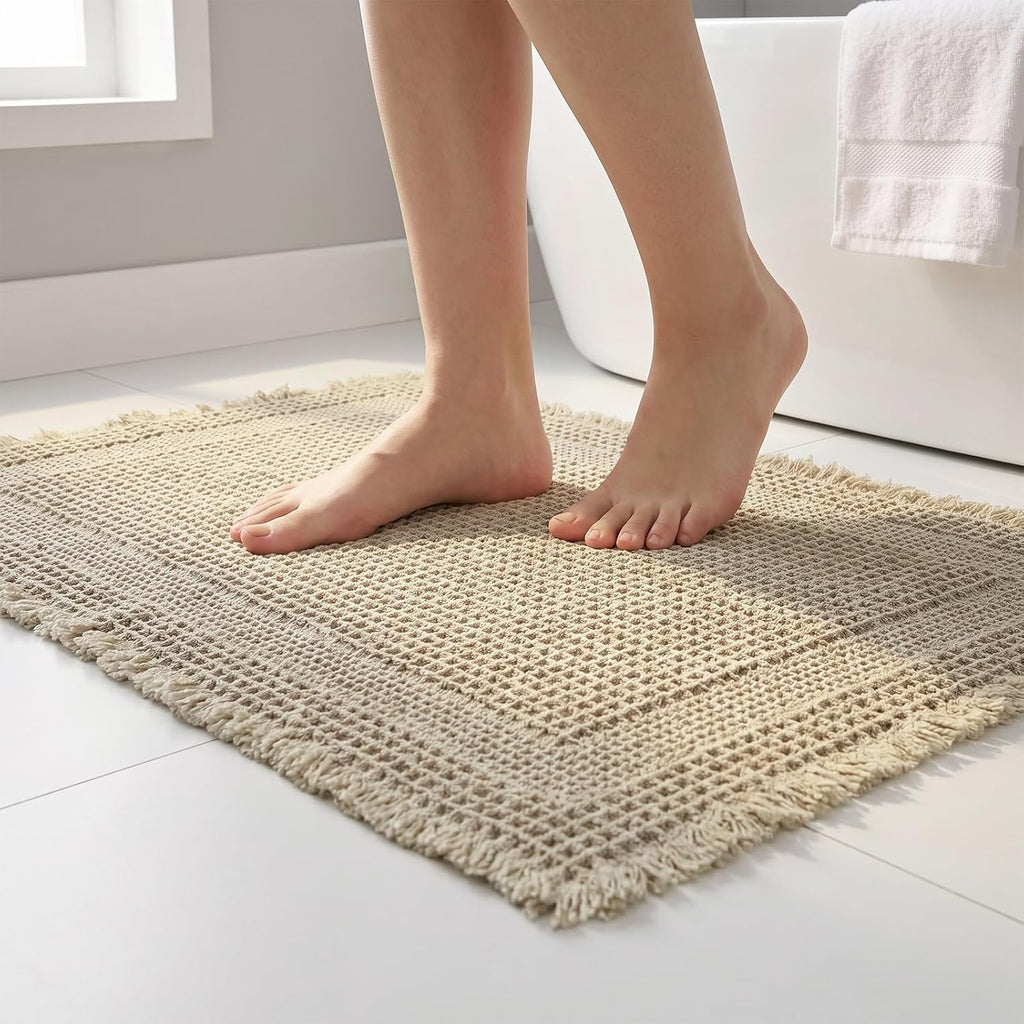 Waffle Bath Mat, Non Slip Bathroom Rugs Mats Set, Super Absorbent Quick Dry Bath Mats , Machine Washable Boho Rugs