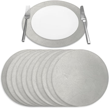Morgan Faux Leather Round Placemats, 15", Silver, Heat Resistant, Stain Resistant, Non-Slip, Reversible - Set of 12