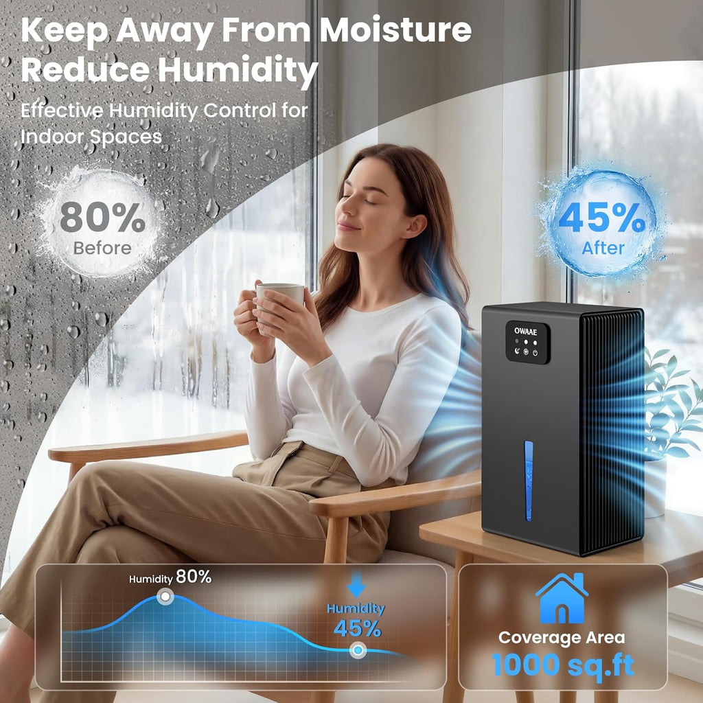 Dehumidifier, 1000 sq.ft Quiet Dehumidifiers for Home Bedroom Bathroom Basement with 95oz Water Tank, Sleep Mode