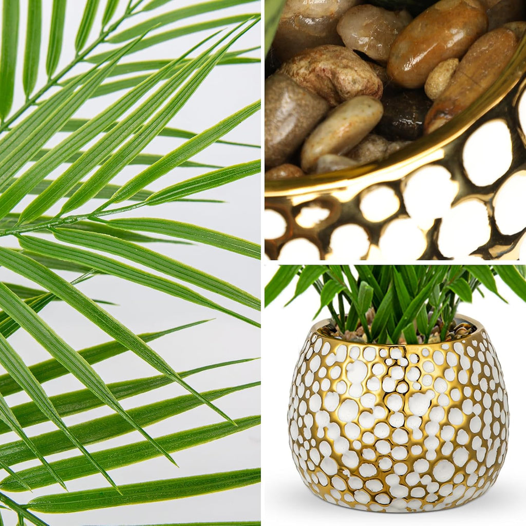 Fake Plants 15'' Faux Palm Plant in Gold-White Pot | Realistic Tropical Artificial Plants Indoor Farmhouse Mini Palm