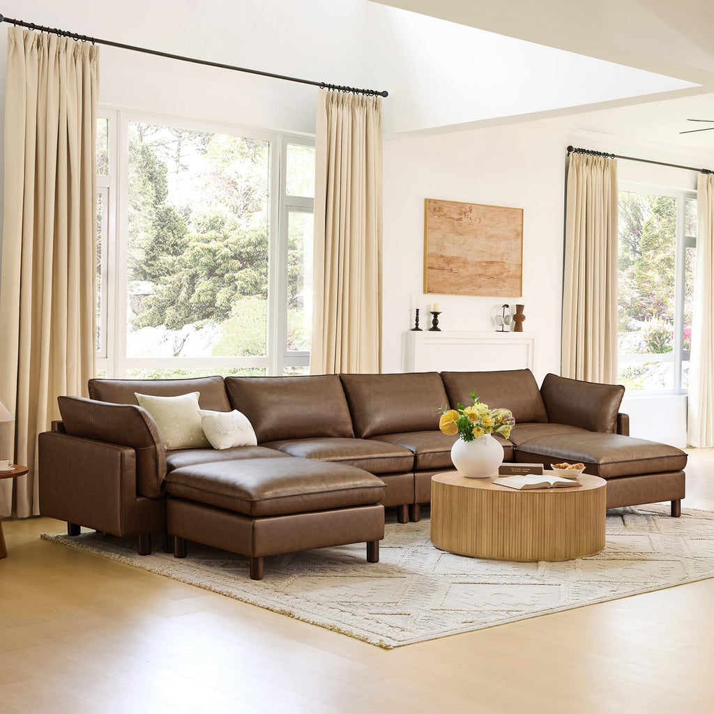 161" Leather Super Large Sectional Couches, Modular Sectional Sofa, Premium Genuine Leather Sofa, Down Filled, High