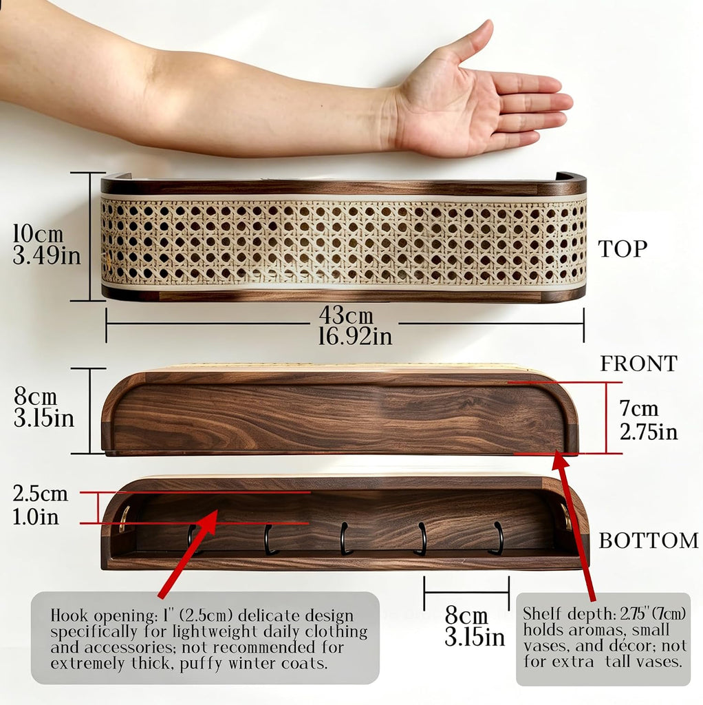 Solid North American Black Walnut Wall Coat Rack with Shelf | Modern wooden entryway wall mount coat rack with rattan