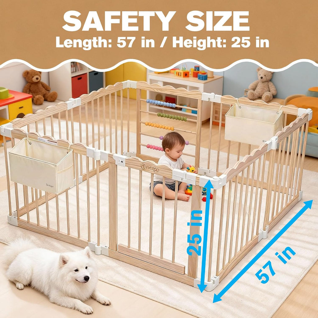 Foldable Wooden Baby Playpen, Adjustable Play Yard, 57x57x25in - Set of 2