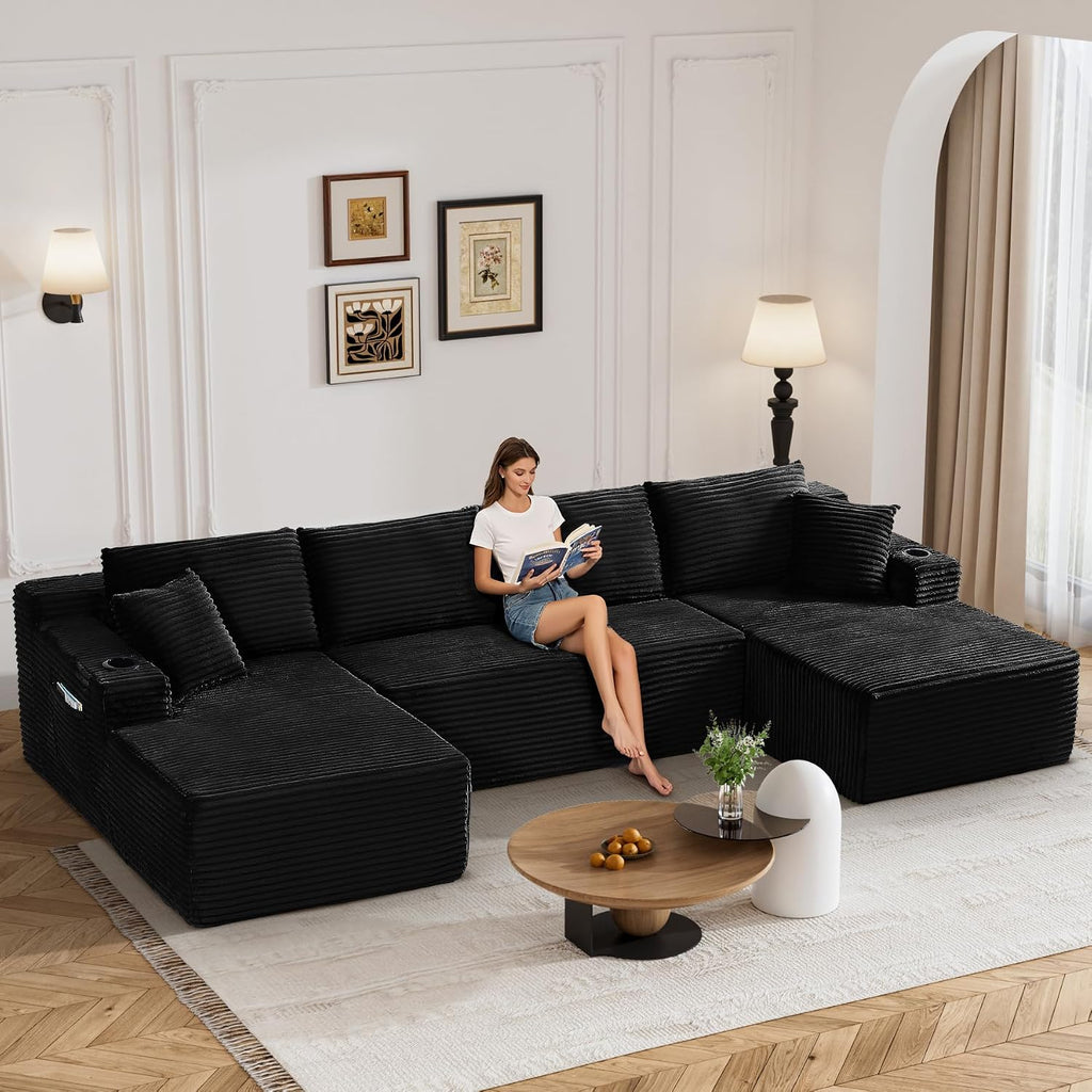 133" Oversized Cloud Boneless Sofa Couch with Chaise, Modern Corduroy U Shaped Modular Sectional Sofa with Deep Seat