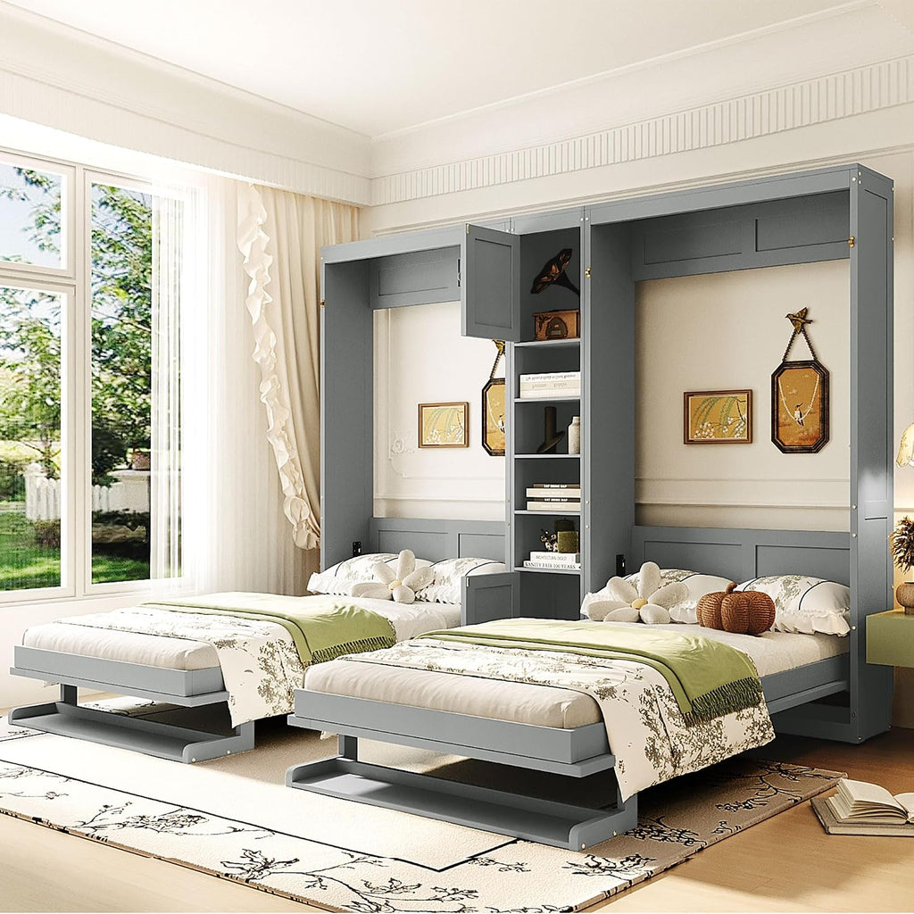 Dual Twin Murphy Beds with Storage Shelves and Cabinets, Pine Wood Space-Saving Hideaway Double Murphy Wall Beds with Storage,Support Legs and Slats