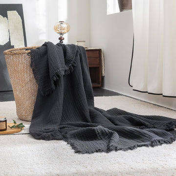 Muslin Blanket 4-Layer 100% Cotton Gauze Blanket with Fringe 66"x90"