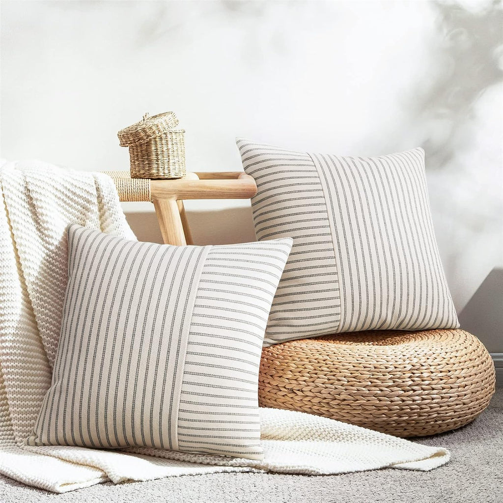 Farmhouse Pillow Covers 18x18, Modern Accent Square Throw Pillow Covers Set of 2, Gray and Beige Striped Patchwork