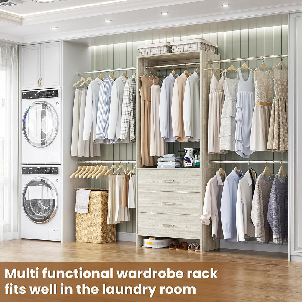 Closet System, Closet Organizer with 3 Wooden Drawers, Closet Organizer System, Walk-in Closet Wardrobe Clothes Rack