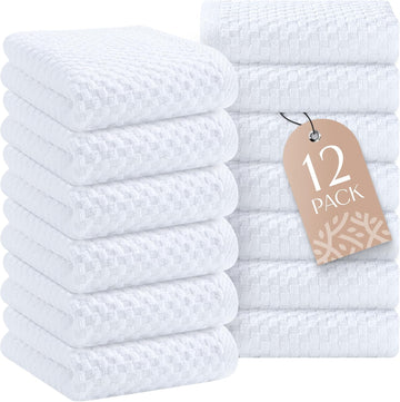 Super Absorbent Kitchen Towels 12 Pack - Premium 100% Cotton Kitchen Towels, 450GSM Thick Machine Washable White Dish