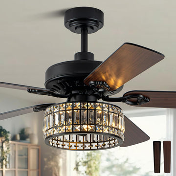 52" Black Crystal Ceiling Fan with Light, Modern Chandelier Fan with Remote