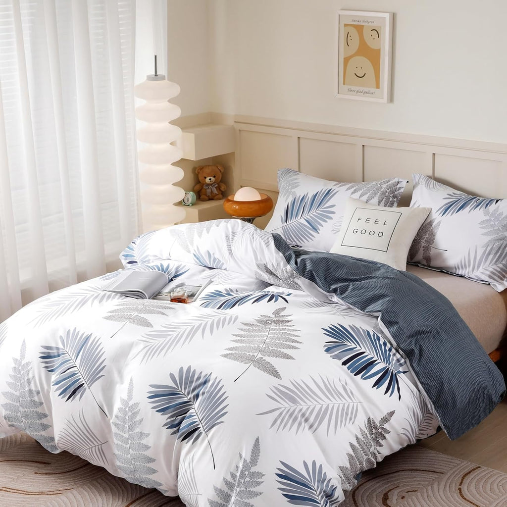 Duvet Cover Set,100% Cotton Comforter Cover with Leaf Pattern Duvet Cover Set,Soft Bedding Set Includes with 3 Piece