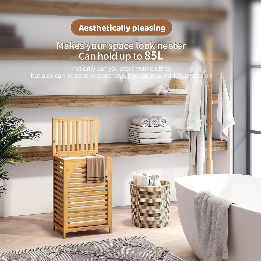 Laundry Hamper with Lid (16.9 * 13 * 26.5inches) Large Bamboo Laundry Bin Basket 85L Clothes Hamper with 1 Removable