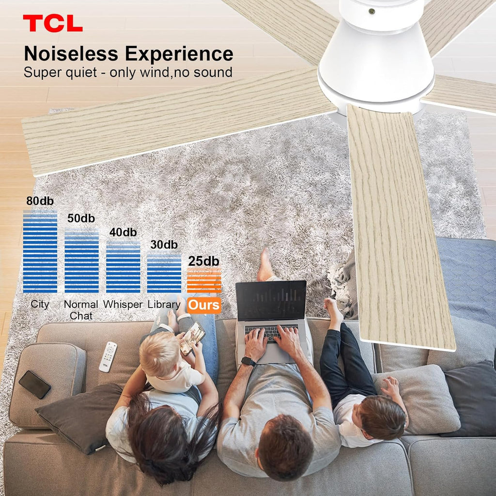 52" Modern Ceiling Fan with Lights, 5 Blades, 6 Speeds DC Reversible, Dimmable, White Flush Mount for Bedroom, Living Room and Garage