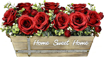 Artificial Rose Flower Arrangement with Eucalyptus in Wooden Planter, Faux Flowers Farmhouse Table Centerpiece