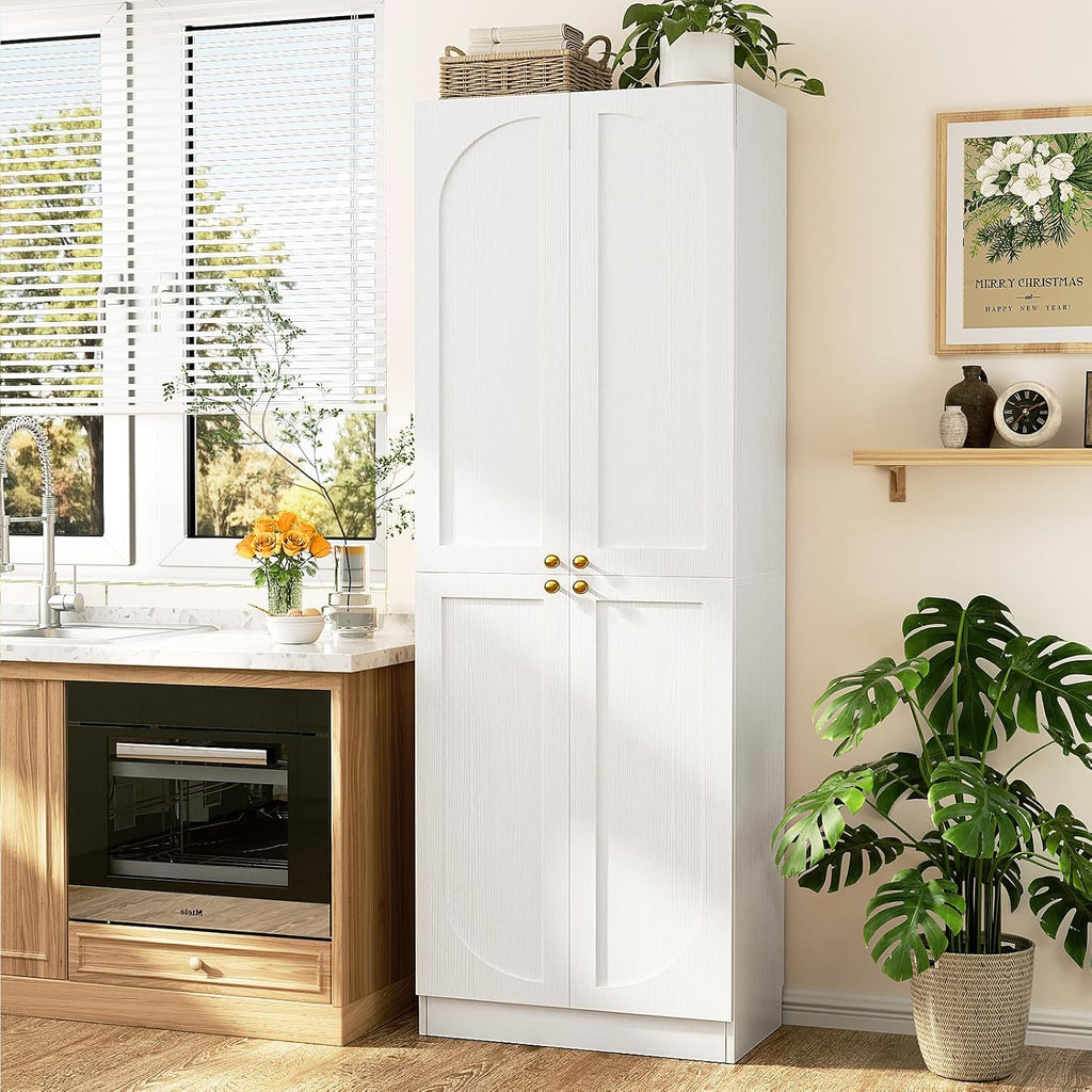 80" Kitchen Pantry, Extra Tall Arch Storage Cabinet with 4 Soft Close Doors and Adjustable Shelves, Freestanding Wood