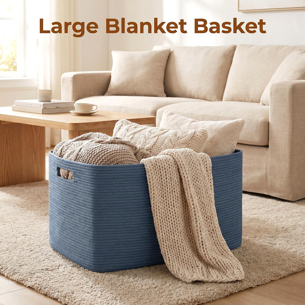 75L Large Blanket Basket Woven Storage Basket with Handle Blue