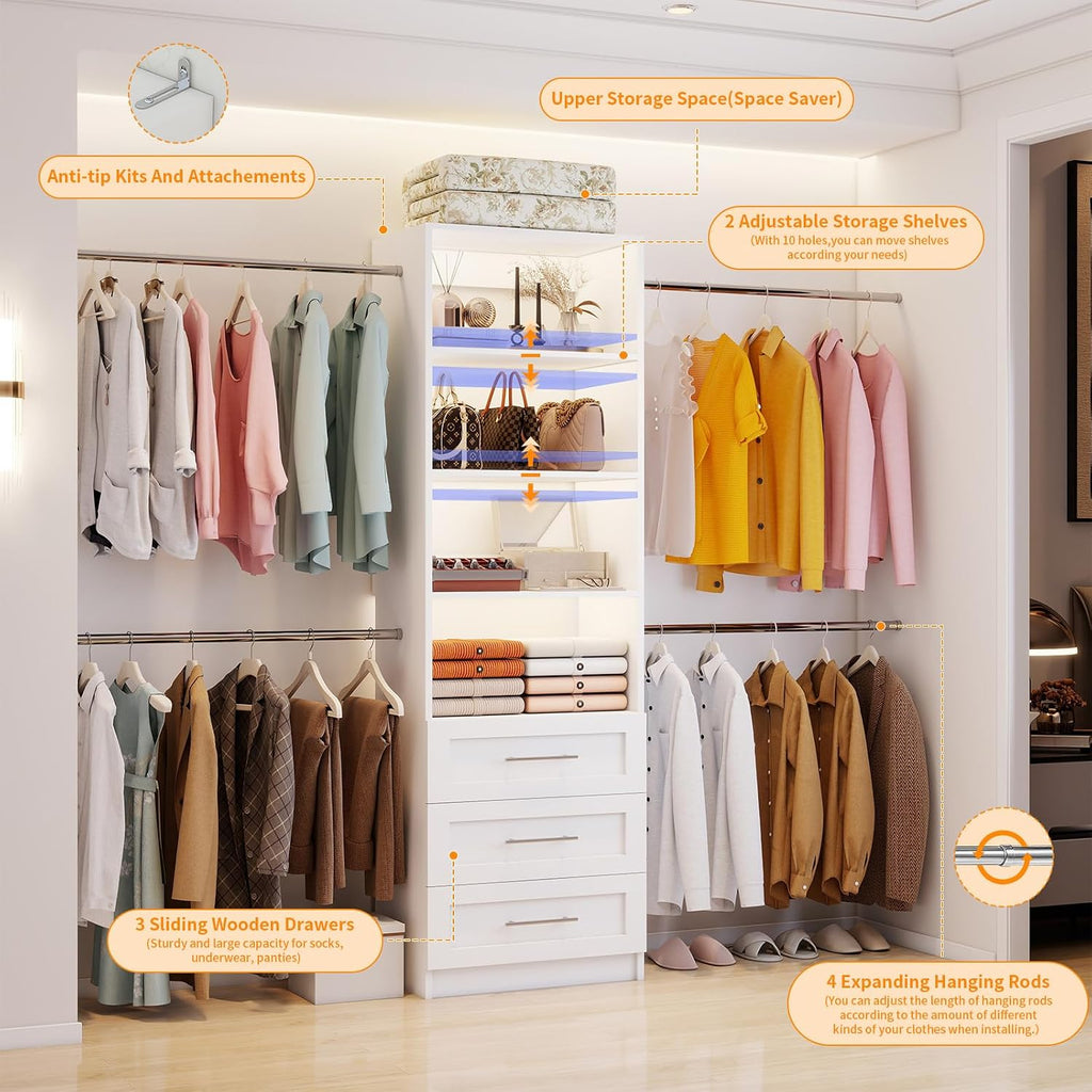 Closet System, 5FT-9FT Closet Organizer System with 4 Expandable Hanging Rods and Moveable Shelves, 115" Walk in