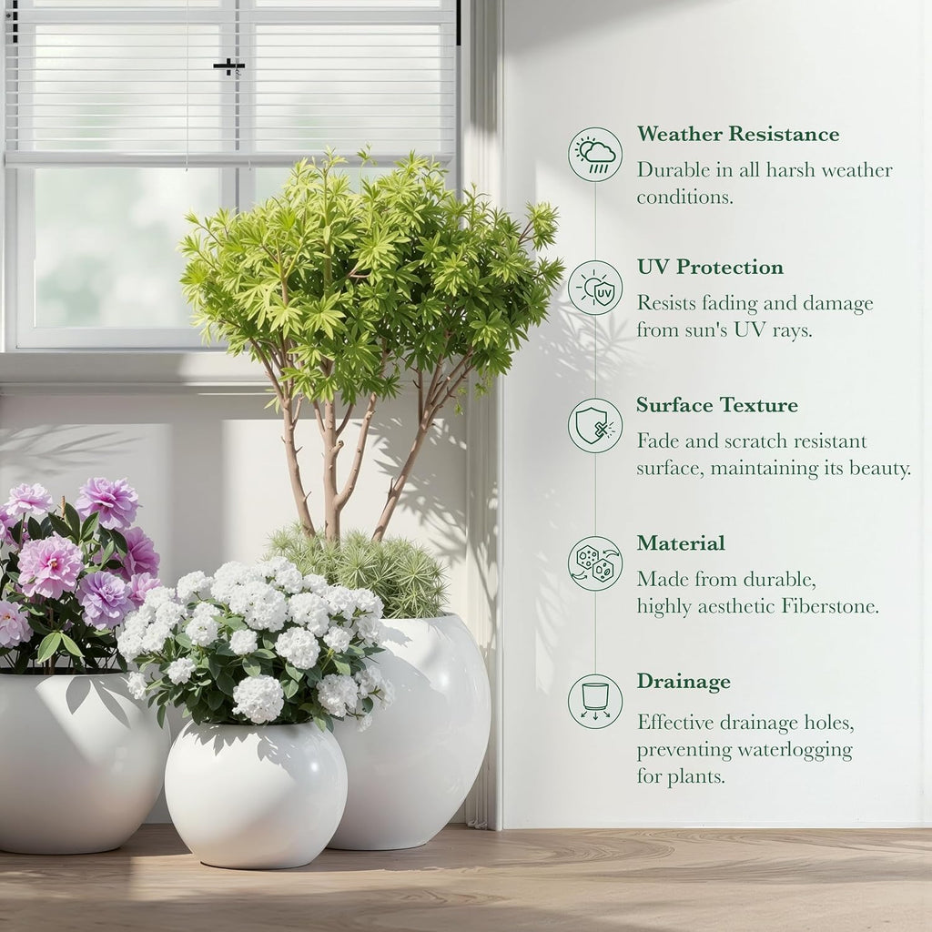 Fiberstone Sphere Planter for Olive Trees, Large Round Globe Planter Indoor Outdoor, White, 70% Lighter Than Stone