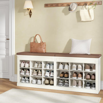 Shoe Bench with Cushion, Farmhouse Storage Bench with 18 Cubbies & Hidden Storage Space, Large Capacity Organizer