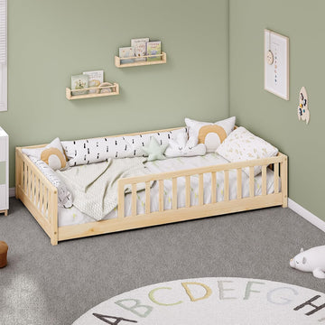 Twin Montessori Floor Bed with Rails | Solid Wood Natural Floor Bed Frame for Kids, Montessori Bed with Slats, No Box
