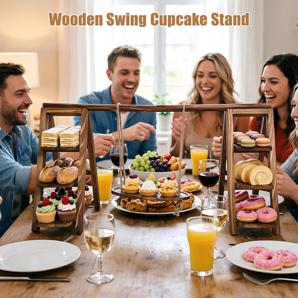 3 Tier Cupcake Stand with Swing, Wooden Cupcake Stand, Swing Cupcake Stand with Removable Serving Platter and