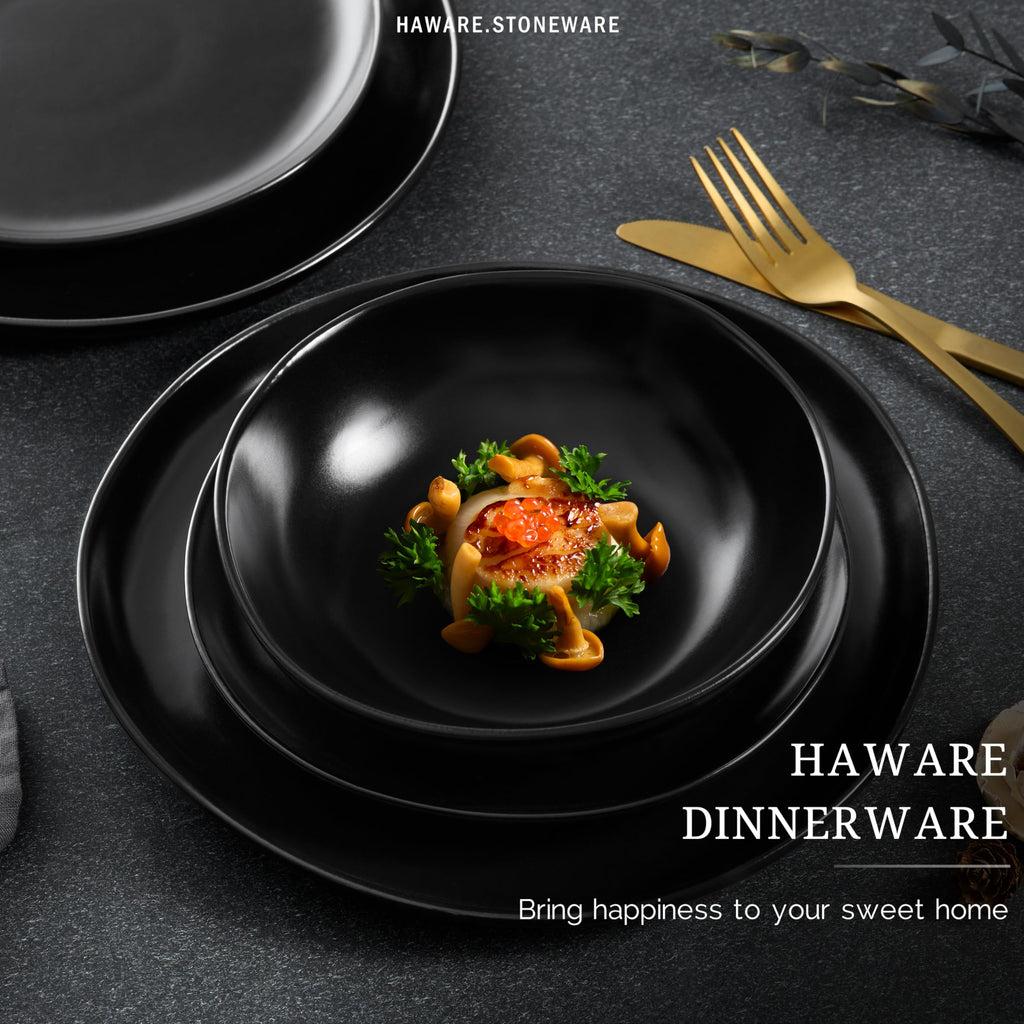 12-Piece Stoneware Dinnerware Set for 4, Matte Black