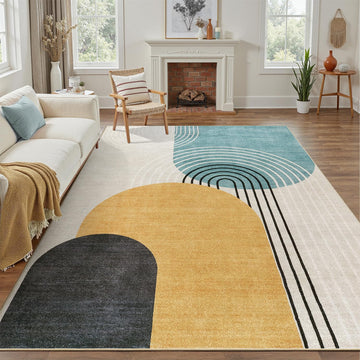 Abstract Machine Washable Rug, Mid Century Modern Rug for Living Room, Soft Low Pile Non Slip Carpet, Kid & Pet