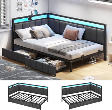 Corner Bed Frame with Storage Drawers, Twin Daybed with Line Fabric Upholstered Fence, Kids Bed Unit with LED Light