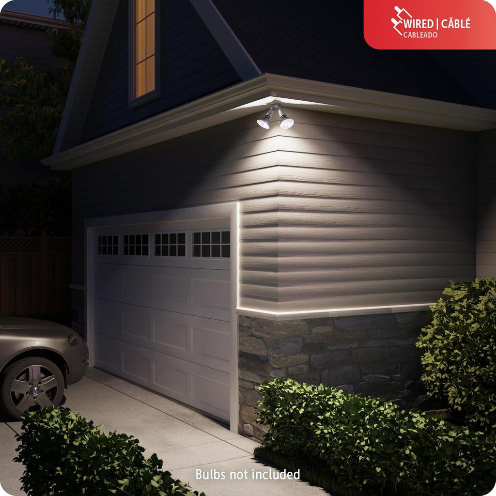 240W Twin Head Dusk to Dawn Security Flood Light, White Finish, Automatic Photocell, Hardwired, Weather Resistant