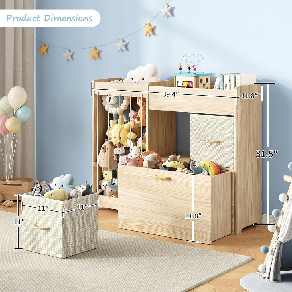 Toy Storage Organizer with Stuffed Animal Holder, Solid Wood Kids Toy Shelf with 2 Drawers, Rolling Toy Chest and Top