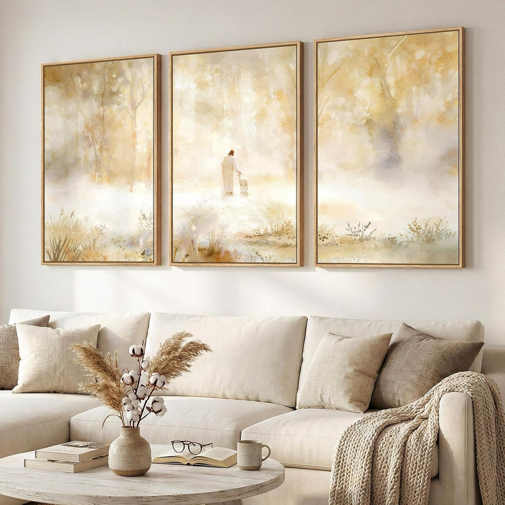 Large Framed Christian 3 Piece Wall Art, Jesus Leaves the 99 Sheep Canvas Prints, Neutral Gold Forest Misty