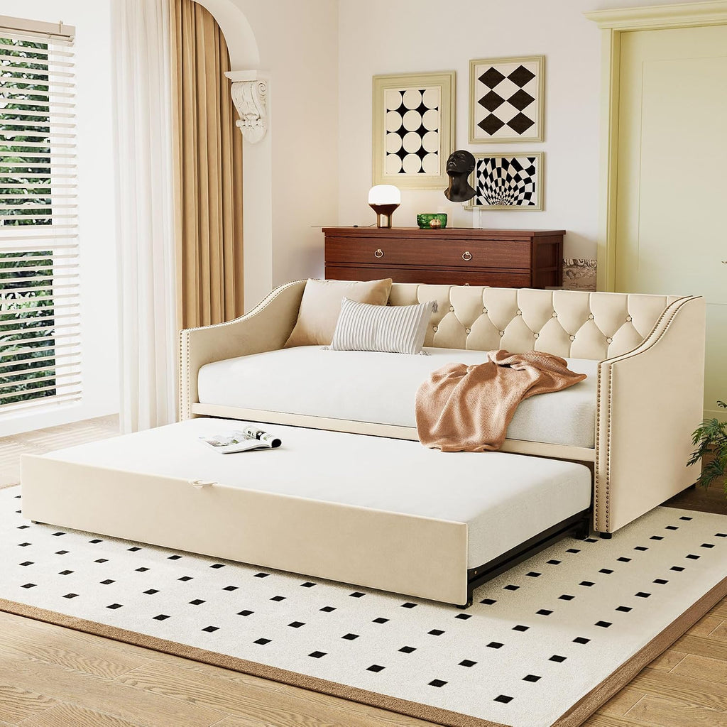 Twin Size Upholstered Velvet Daybed with Pop Up Trundle, Multi-Functional Sofa Bed with Backrest and Two Armrest for