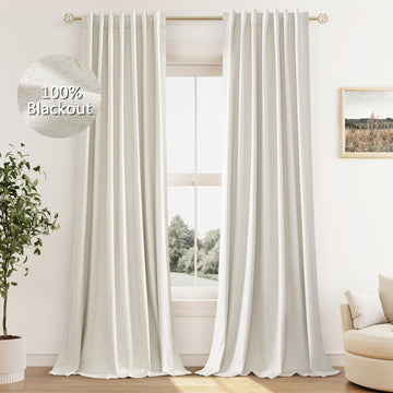 100% Blackout Linen Curtains 84 Inch Long 2 Panels Cream