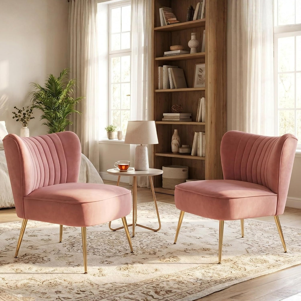 Velvet Accent Chairs Set of 2 Comfy Living Room Chair Armless Slipper Chair Mid Century Side Single Sofa Chair with