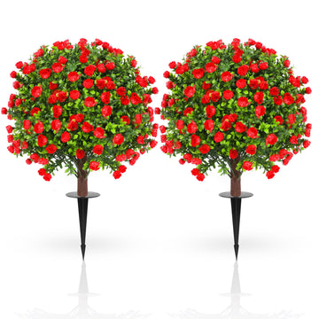 Set of 2 Artificial Lavender Boxwood Topiary Ball Trees with Ground Spike, 26 Inches UV Resistant Fake Plant Bushes