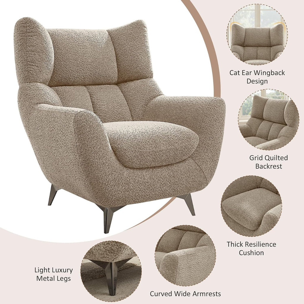 34.6" Oversized Accent Chair with WingBack, Teddy Boucle Camel | High Back, Wide Armrests, Metal Legs, Cozy Deep Seat