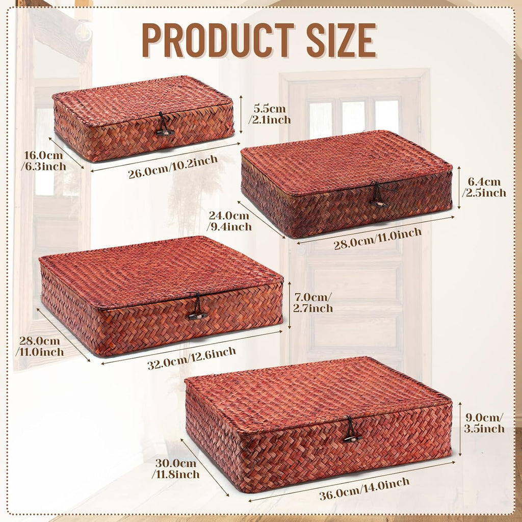 Set of 4 Seagrass Basket with Lid Wicker Storage Basket Decorative Storage Boxes with Lids Flat Storage Bins Woven
