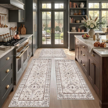 Kitchen Mat 3PC Washable Runner Soft Kitchen Rug Set of 3 Beige