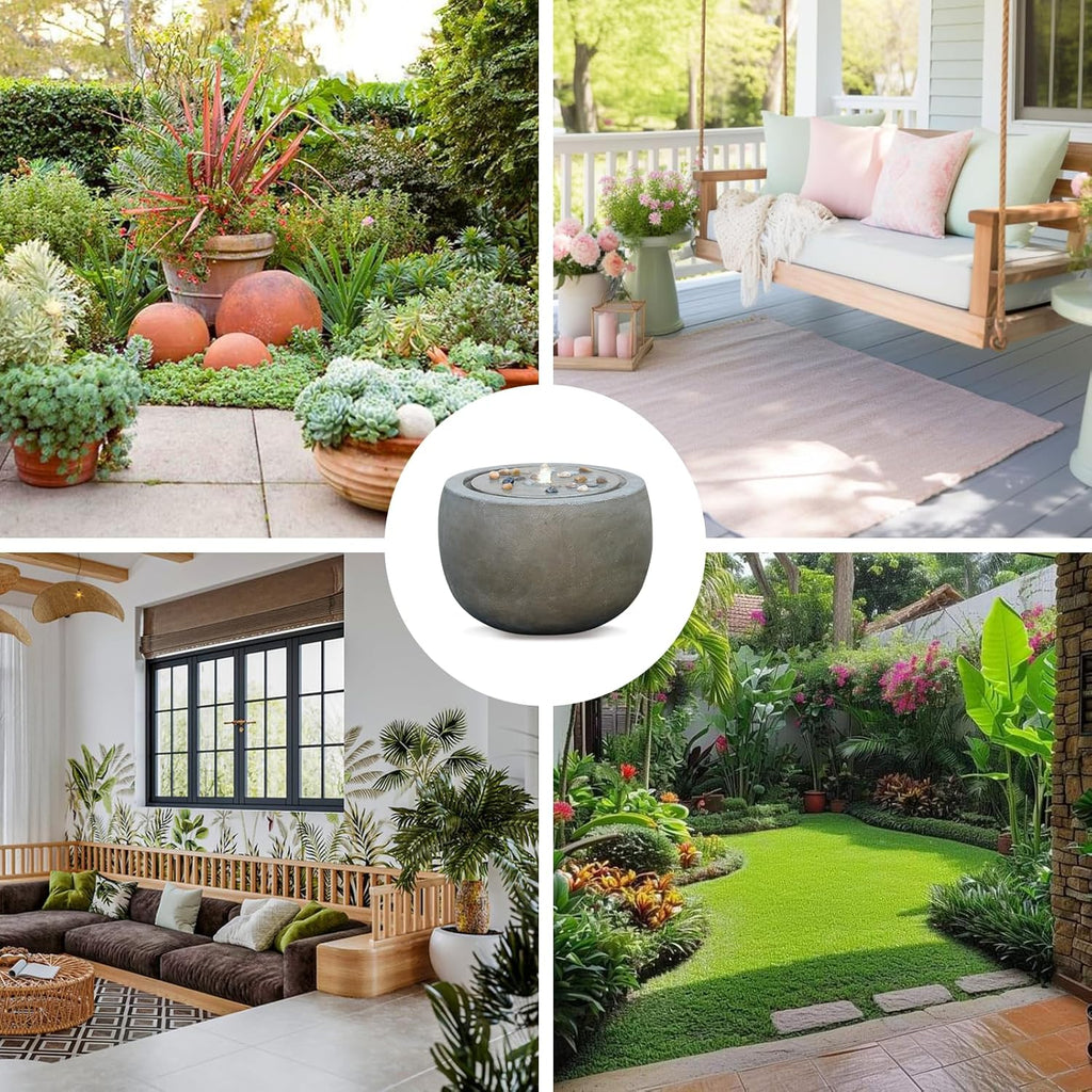 Garden Water Fountain Outdoor Large Round Bubbler Water Feature Indoor with Lights & Pump and Pebbles Concrete Effect