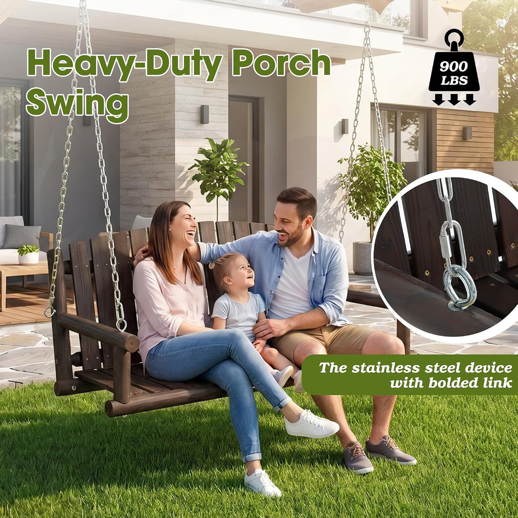 5FT Wooden Hanging Porch Swing, Outdoor 3 Person Patio Bench, Heavy Duty 900 LBS Swings Chair, 3-Seat Solid Fir Wood