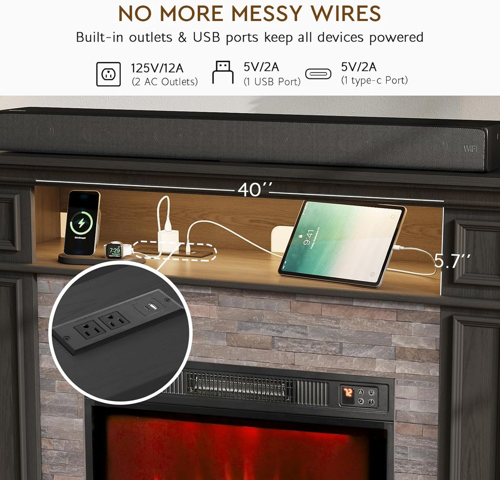 72" LED Fireplace TV Stand with Outlet, Electric Fireplace with Mantel for TVs Up to 80 Inch