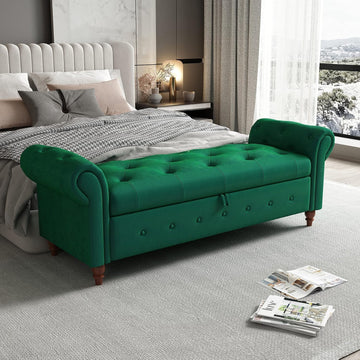63'' Storage Ottoman Bench Tufted Entryway Bench Dark Green Velvet | Button Tufted End of Bed, Rolled Armed Ottoman