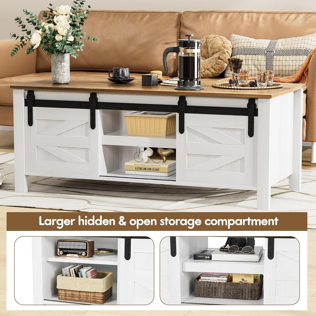 Farmhouse Coffee Table with Storage & Sliding Barn Doors, Modern Rustic Living Room Table with Adjustable Shelves