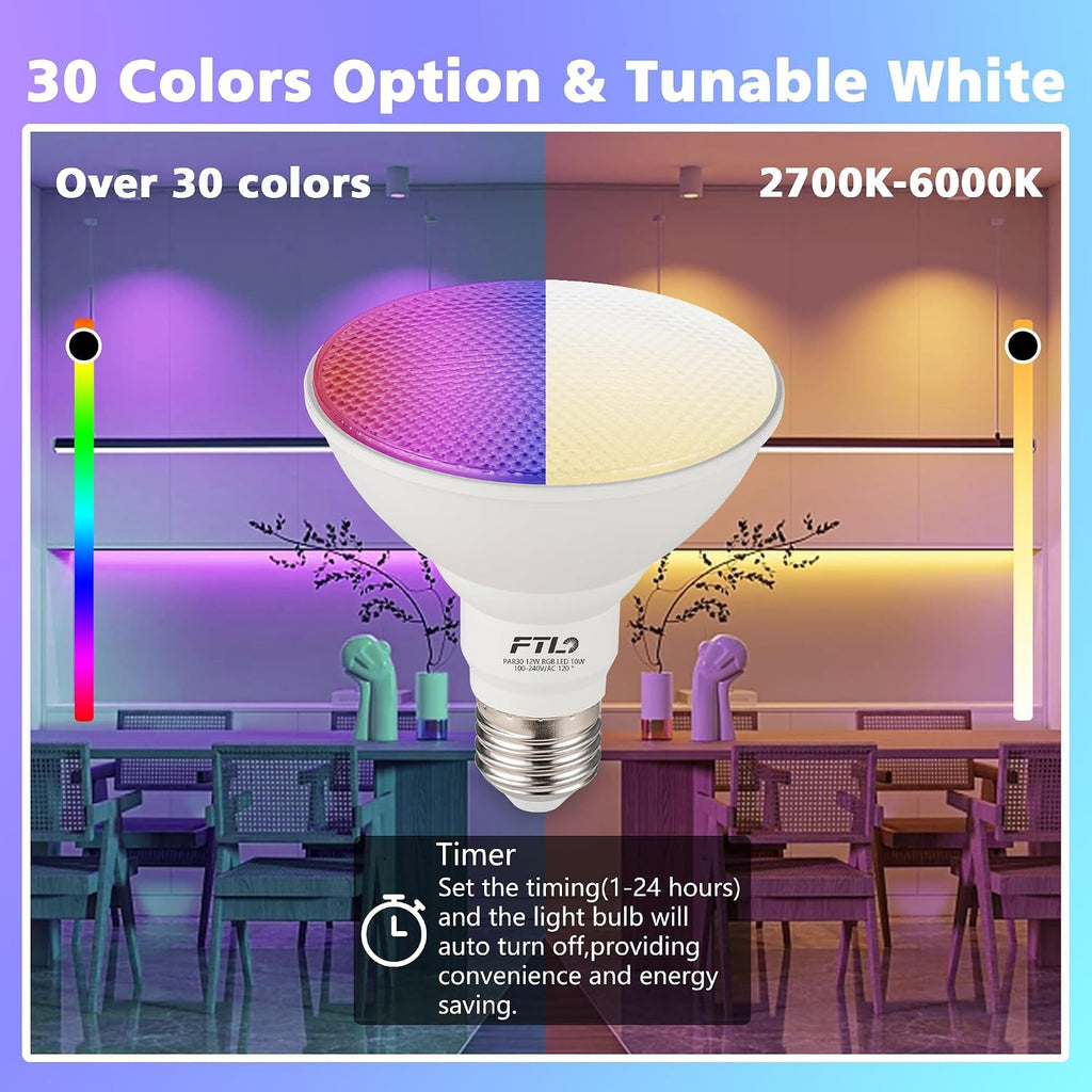 PAR30 LED Color Changing Light Bulb with Remote Control, RGB Dimmable Colored Light Bulbs 10W=65W, 2700K-6000K, 30