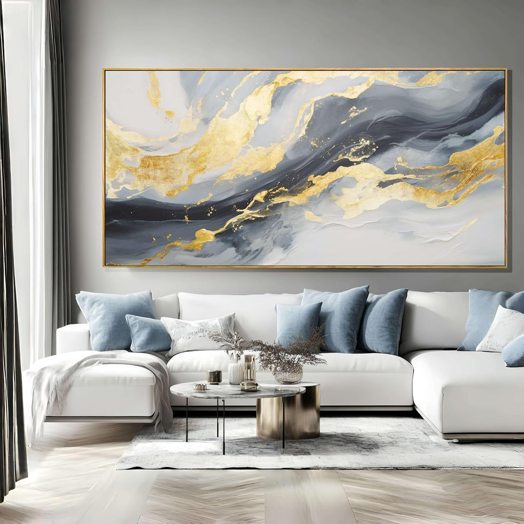 Large Abstract Canvas Wall Art Gold Decoration Blue Painting Bedroom Kitchen Home Office 29x58 Inch